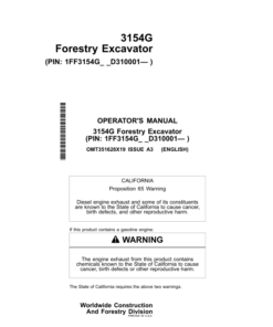 John Deere 3154G Forestry Excavator Operator's Manuals (OMT351628X19)