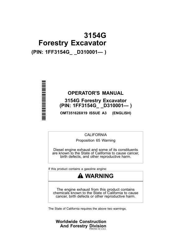 John Deere 3154G Forestry Excavator Operator's Manuals (OMT351628X19)