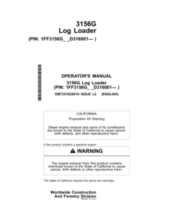 John Deere 3156G Log Loaders Operator's Manuals (OMT351629X19)