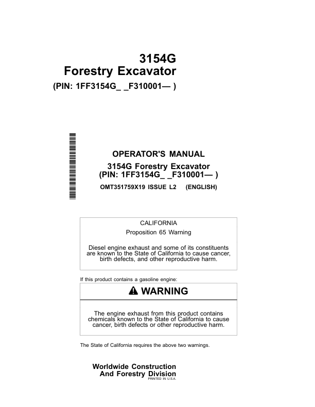 John Deere 3154G Excavator Operator's Manuals (OMT351759X19)