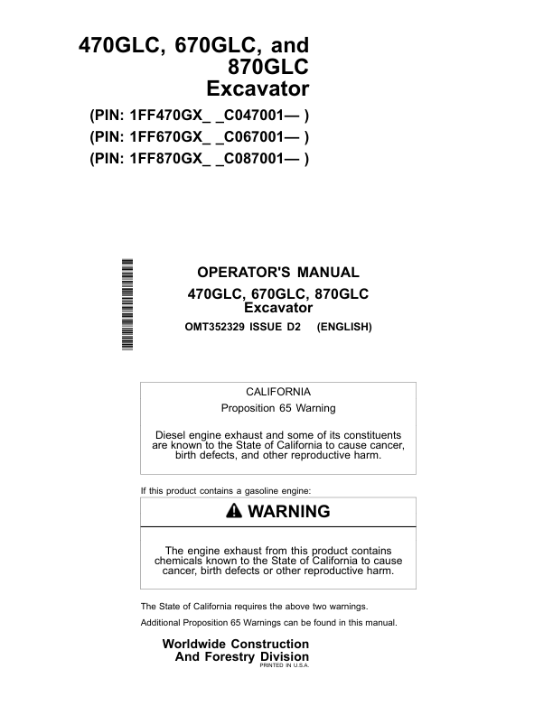 John Deere 470GLC Excavators Operator's Manuals (OMT352329)