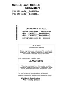 John Deere 160GLC, 180GLC Excavators Operator's Manuals (OMT352706X019)