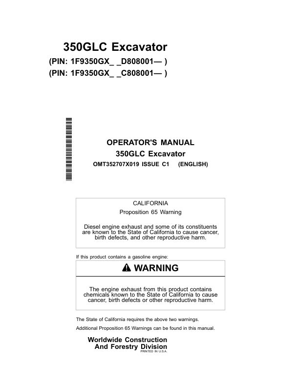 John Deere 350GLC Excavators Operator's Manuals (OMT352707X019)