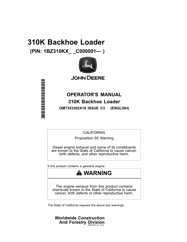 John Deere 310K Backhoe Loaders Operator's Manuals (OMT353392X19)