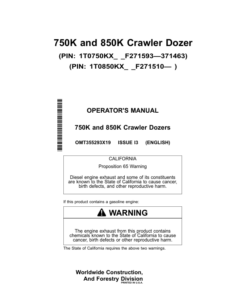 John Deere 750K, 850K Crawler Dozers Operator's Manuals (OMT355293X19)