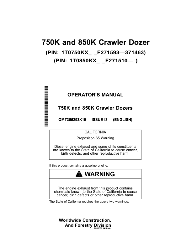 John Deere 750K, 850K Crawler Dozers Operator's Manuals (OMT355293X19)
