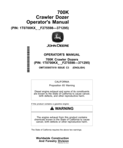 John Deere 700K Crawler Dozers Operator's Manuals (OMT355957X19)