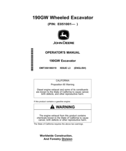 John Deere 190GW Excavators Operator's Manuals (OMT356186X19)