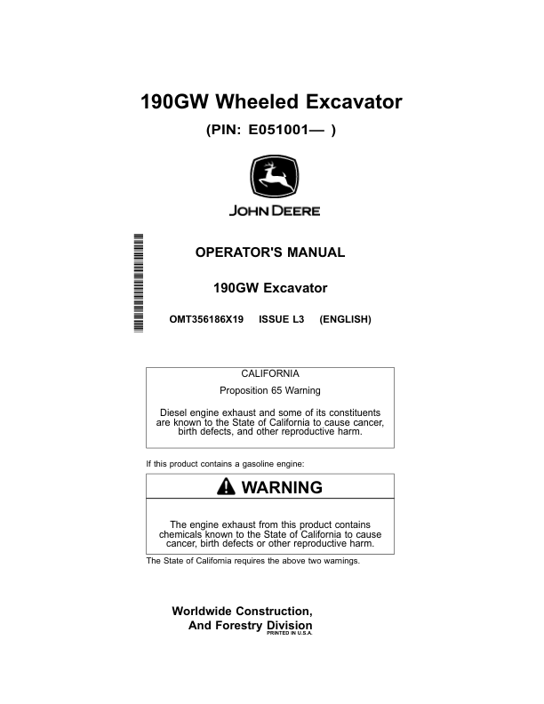 John Deere 190GW Excavators Operator's Manuals (OMT356186X19)