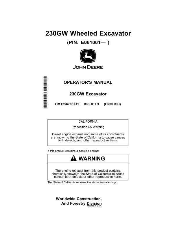 John Deere 230GW Excavators Operator's Manuals (OMT356703X19)