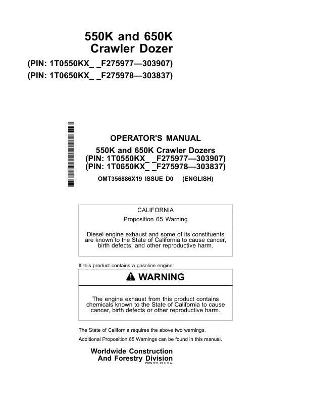John Deere 550K, 650K Crawler Dozers Operator's Manuals (OMT356886X19)