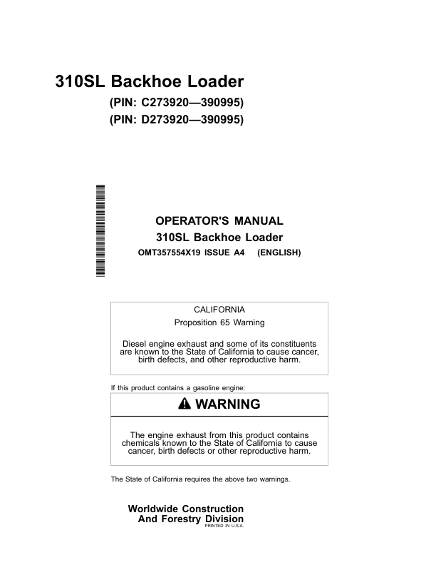 John Deere 310SL Backhoe Loaders Operator's Manuals (OMT357554X19)