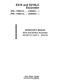 John Deere E210, E210LC Excavators Operator's Manuals (OMT358611X19)