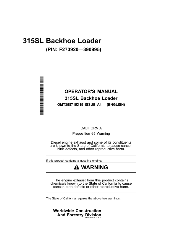John Deere 315SL Backhoe Loaders Operator's Manuals (OMT358715X19)