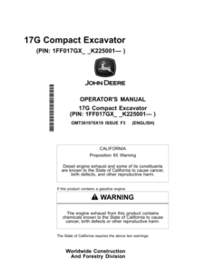 John Deere 17G Excavators Operator's Manuals (OMT361076X19)