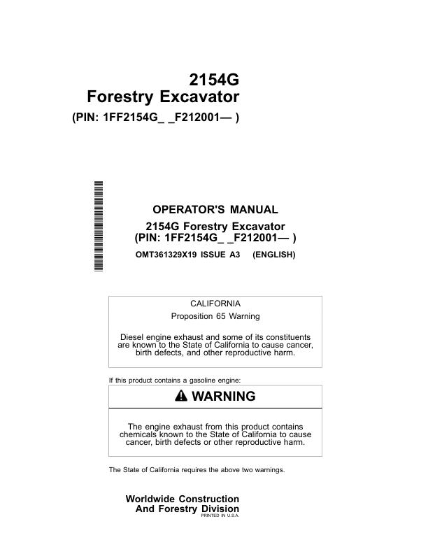 John Deere 2154G Excavator Operator's Manuals (OMT361329X19)