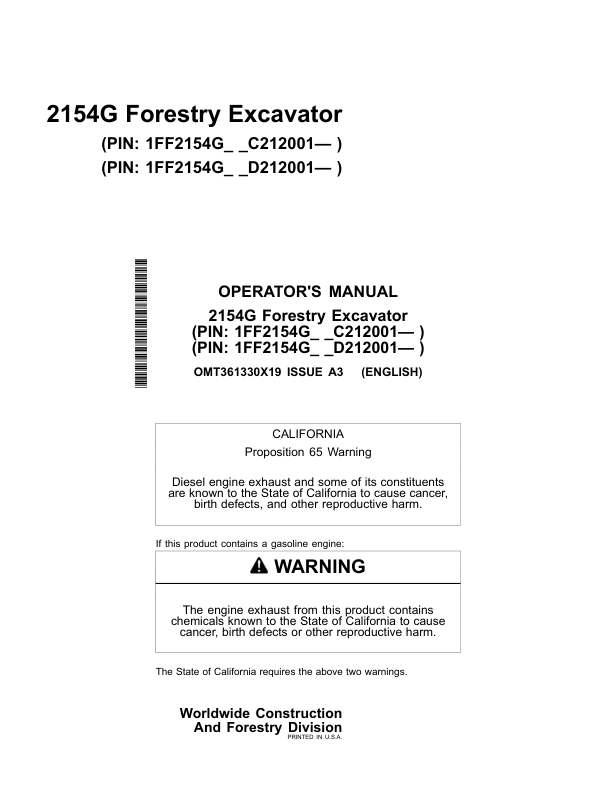 John Deere 2154G Excavator Operator's Manuals (OMT361330X19)