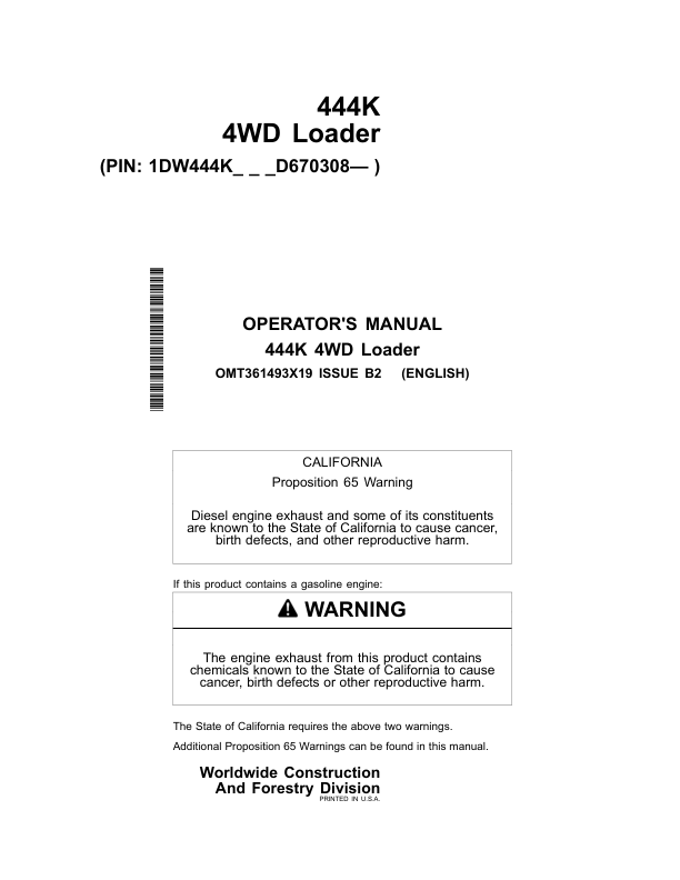 John Deere 444K Loaders Operator's Manuals (OMT361493X19)