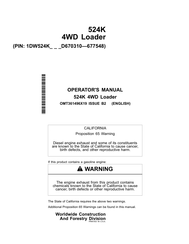 John Deere 524K Loaders Operator's Manuals (OMT361496X19)