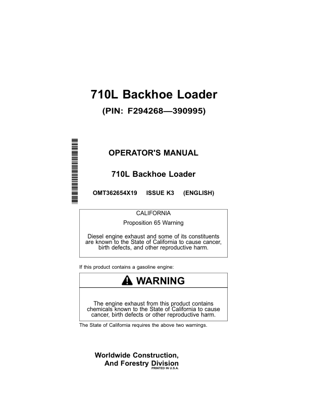 John Deere 710L Backhoe Loaders Operator's Manuals (OMT362654X19)