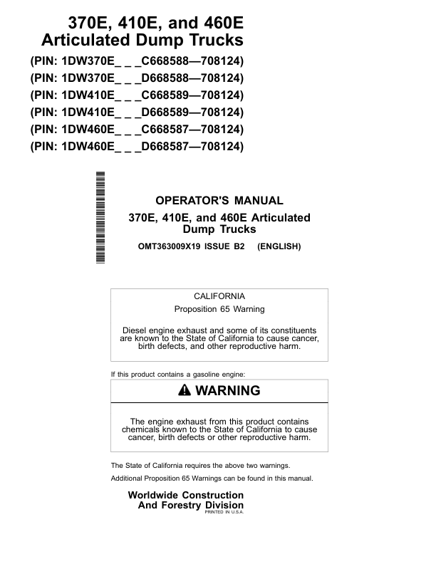 John Deere 370E, 410E, 460E Articulated Dump Trucks Operator's Manuals (OMT363009X19)