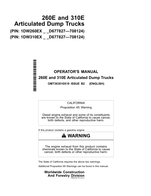 John Deere 260E, 310E Articulated Dump Trucks Operator's Manuals (OMT363010X19)