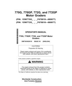 John Deere 770G, 770GP, 772G, 772GP Motor Graders Operator's Manuals (OMT363020X19)
