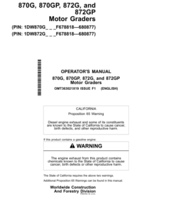 John Deere 870G, 870GP, 872G, 872GP Motor Graders Operator's Manuals (OMT363021X19)