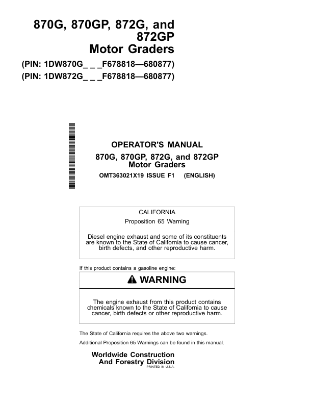John Deere 870G, 870GP, 872G, 872GP Motor Graders Operator's Manuals (OMT363021X19)