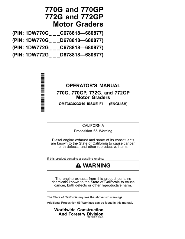 John Deere 770G, 770GP, 772G, 772GP Motor Graders Operator's Manuals (OMT363023X19)