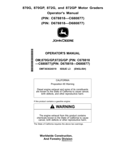 John Deere 870G, 870GP, 872G, 872GP Motor Graders Operator's Manuals (OMT363024X19)