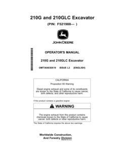 John Deere 210G, 210GLC Excavators Operator's Manuals (OMT364030X19)