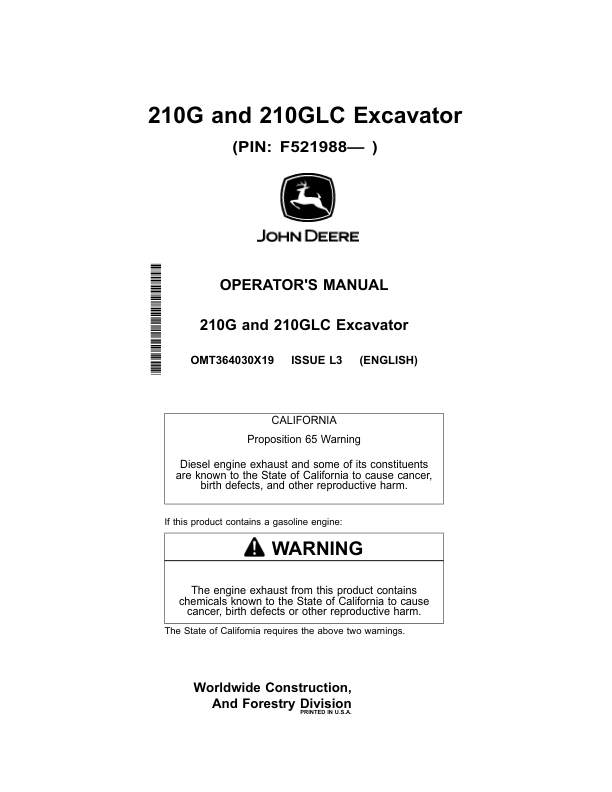 John Deere 210G, 210GLC Excavators Operator's Manuals (OMT364030X19)