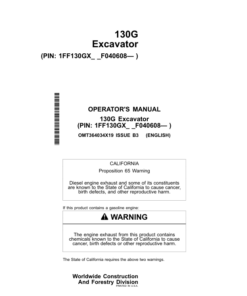 John Deere 130G Excavators Operator's Manuals (OMT364034X19)
