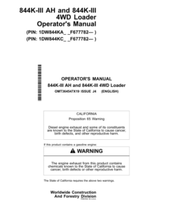 John Deere 844K SERIES III, 844K SERIES III AH Loaders Operator's Manuals (OMT364547X19)