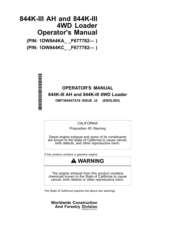 John Deere 844K SERIES III, 844K SERIES III AH Loaders Operator's Manuals (OMT364547X19)
