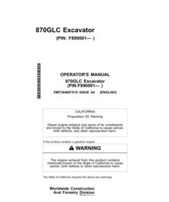 John Deere 870GLC Excavators Operator's Manuals (OMT364687X19)