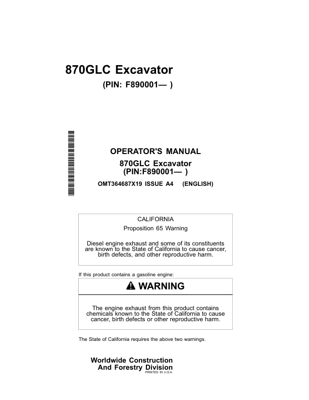John Deere 870GLC Excavators Operator's Manuals (OMT364687X19)