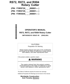 John Deere RS72, RX72, RX84 Worksite Pro Attachments Operator's Manuals (OMT365562X19)