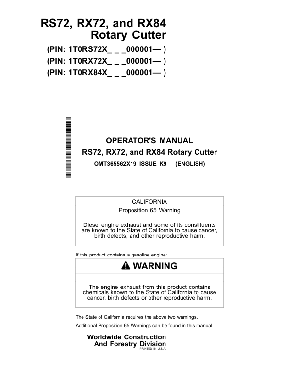John Deere RS72, RX72, RX84 Worksite Pro Attachments Operator's Manuals (OMT365562X19)