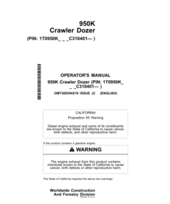 John Deere 950K Crawler Dozers Operator's Manuals (OMT369304X19)