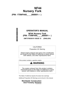 John Deere NF44 Worksite Pro Attachments Operator's Manuals (OMT370636X19)