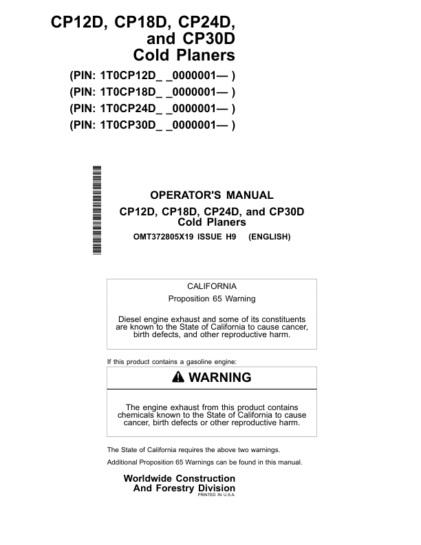 John Deere CP12D, CP18D, CP24D, CP30D Worksite Pro Attachments Operator's Manuals (OMT372805X19)