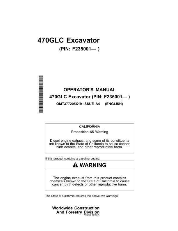 John Deere 470GLC Excavators Operator's Manuals (OMT377205X19)