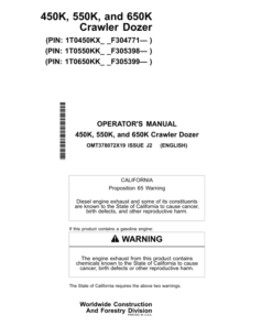 John Deere 450K, 550K, 650K Crawler Dozers Operator's Manuals (OMT378072X19)