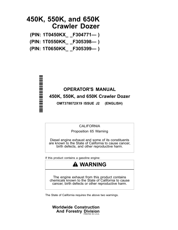 John Deere 450K, 550K, 650K Crawler Dozers Operator's Manuals (OMT378072X19)