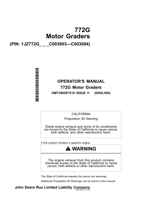 John Deere 772G Motor Graders Operator's Manuals (OMT380597X19)