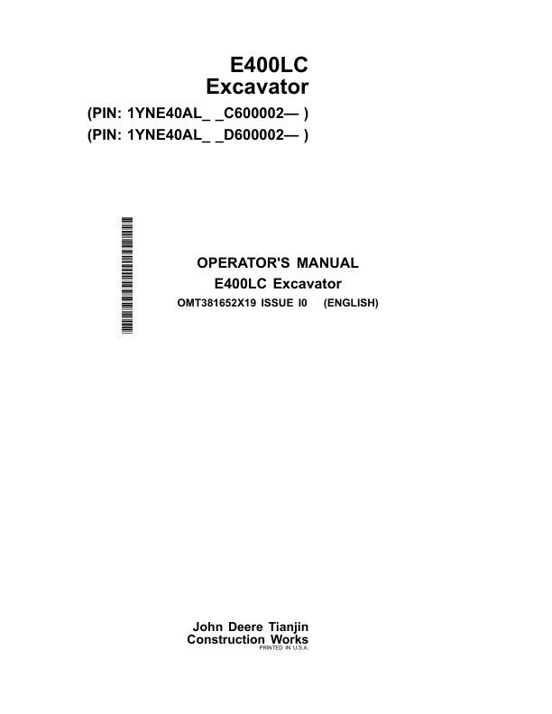 John Deere E400LC Excavators Operator's Manuals (OMT381652X19)