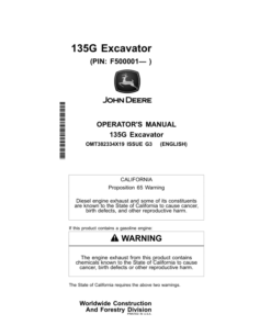 John Deere 135G Excavators Operator's Manuals (OMT382334X19)