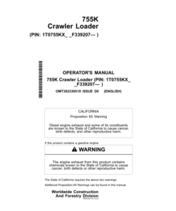 John Deere 755K Crawler Loaders Operator's Manuals (OMT382339X19)